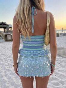 Selianne Elegant Fitted Ombre Backless Halter Ruffle Hem Beach Y2k Holiday Boho Knit Top For Women, Spring/Summer - Blue - View 2