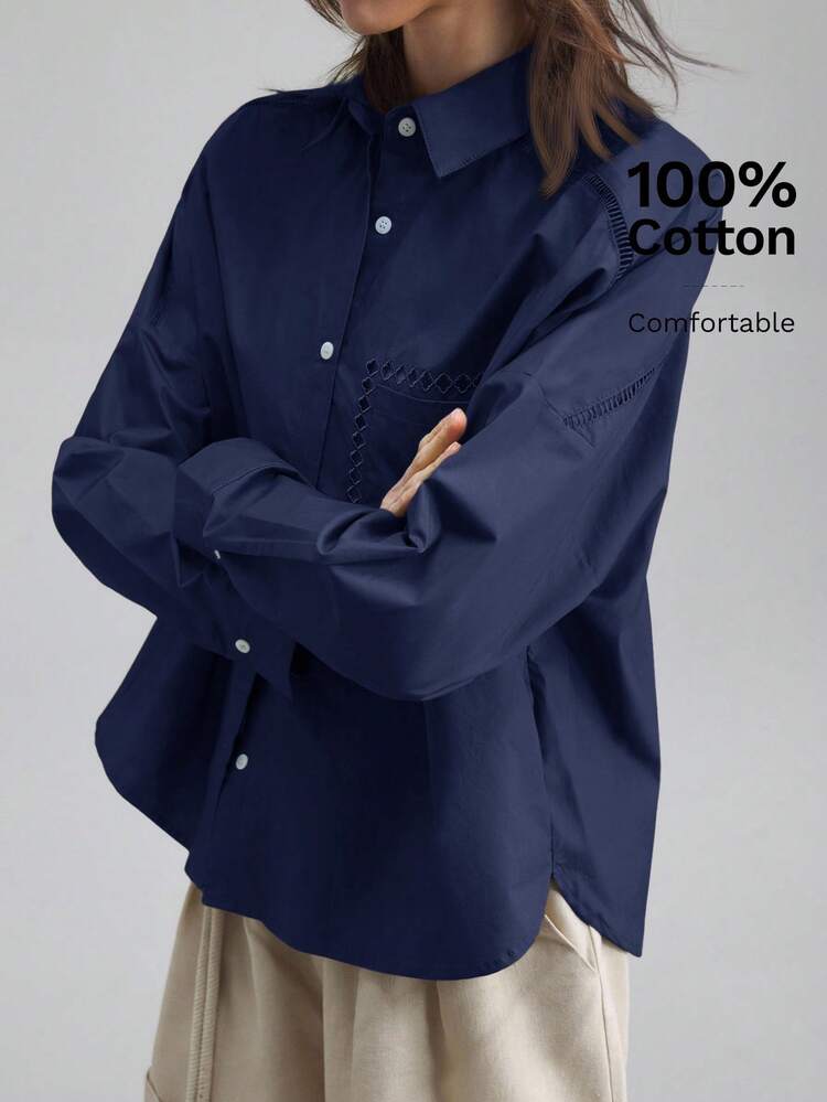 2026 New Summer Women's Long Sleeve Embroidered Blouse, Casual Loose Fit Shirt With Mandarin Collar, Hollow Embroidery Design, Vacation Style Business Casual Wear For Women, Office Attire For Female Teachers