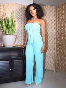 Steph T Bộ jumpsuit nữ màu cam dệt kim, kiểu dáng thường ngày, gợi cảm và thanh lịch cho mùa xuân hè, gồm áo ống và quần dài ống rộng thắt nơ. - Màu xanh bạc hà - Xem 4