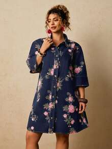 Travachic Plus Size Casual Boho Floral Print Button Front Denim Dress Vacation Dusty Blue Autumn - Dark Wash - View 5