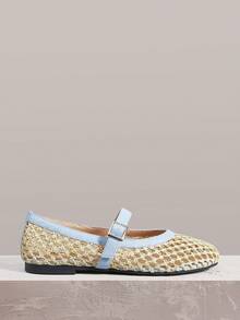 女士平底鞋，假日风尚，穿着舒适，女士编织细节，时尚镂空，搭扣设计，低鞋面圆头，舒适百搭，适合外出、圣诞假日旅行必备 - 天藍色 - 查看 1