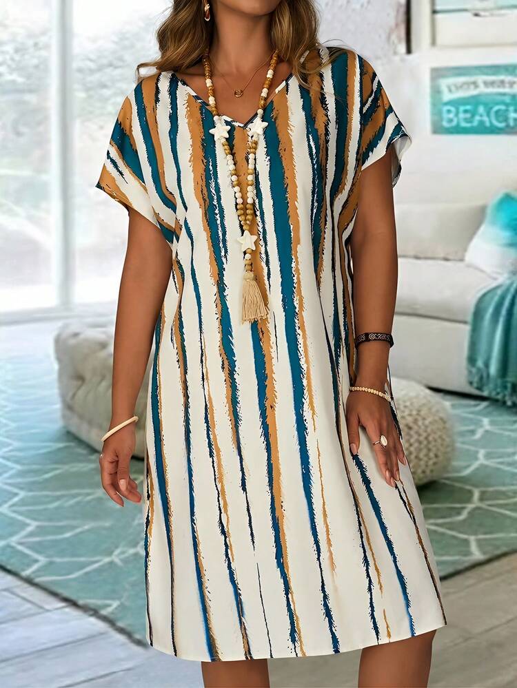 Plus Size Casual Vacation Contrast Striped Batwing Sleeve Midi Dress,Vacation Outfits Woman Summer Outfits For Women Office Wear, Vacation Outfits Woman Summer Outfits For Women Festival BohosBoho,Holiday Outfit