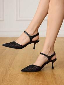 CUCCOO HITCHD Pointed Breathable Mesh Rhinestone Hollow Fashion Embroidery Temperament Versatile Sexy Fairy Banquet Black High Heels - Black - View 4