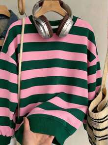 Franclia Plus Size Women's Casual Loose Striped Green & Pink Round Neck Sweatshirt, Christmas - Multicolor - View 5