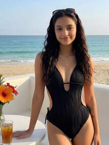 SHEIN Bộ jumpsuit dệt kim jacquard màu đen dành cho nữ tuổi teen, cổ chữ V, hở lưng, kiểu yếm, thích hợp cho kỳ nghỉ. - màu đen - Xem 4