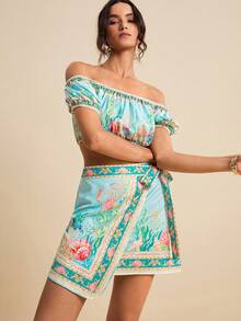 LOTSLUV Women's Spring/Summer Vacation Green Ocean Turtle, Seaweed, Conch Placement Print Off-Shoulder Cropped Top And Wrap Midi Skirt 2-Piece Set, 2 Piece Set, Beach Outfits For Women, Vacation Outfit, Summer Outfits, Tropical Print Set, Puerto Rico Vacation Outfits 2 Piece, Festival Outfits Women Two Piece, Beach Sunbathing Outfit - Blue - View 7