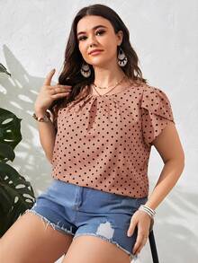 SHEIN Clasi 大码女式波点花卉短袖休闲衬衫 - 粉色 - 查看 4