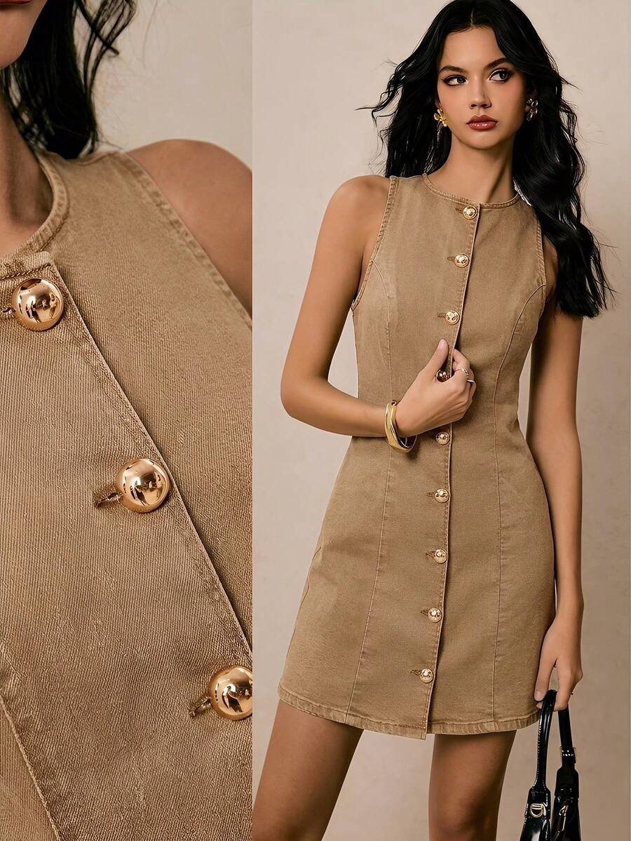 Poéselle Women's Sommer Casual Front Button Sleeveless Denim Dress Everyday Khaki - Khaki - View 1