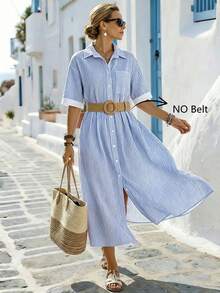 Breezaya Women's Casual Striped Loose Pocket Lapel Dress, Summer - Blue - View 1