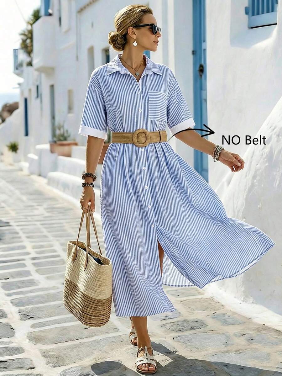 Breezaya Women's Casual Striped Loose Pocket Lapel Dress, Summer - Blue - View 1