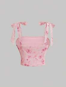Top corto de mujer de 2 piezas con tirantes anudados, flores blancas y rosas, estilo vintage fruncido, para verano, vacaciones tropicales, festival bohemio y fiesta - Rosa - Ver 11