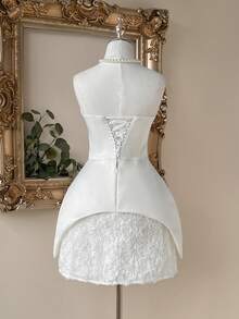 Lovelzi Elegant White Bridal Shower,3D Floral Rhinestone Strapless 2 In 1 Fishtail A-Line Evening Party Wedding Cocktail Short Gown Spring - White - View 4