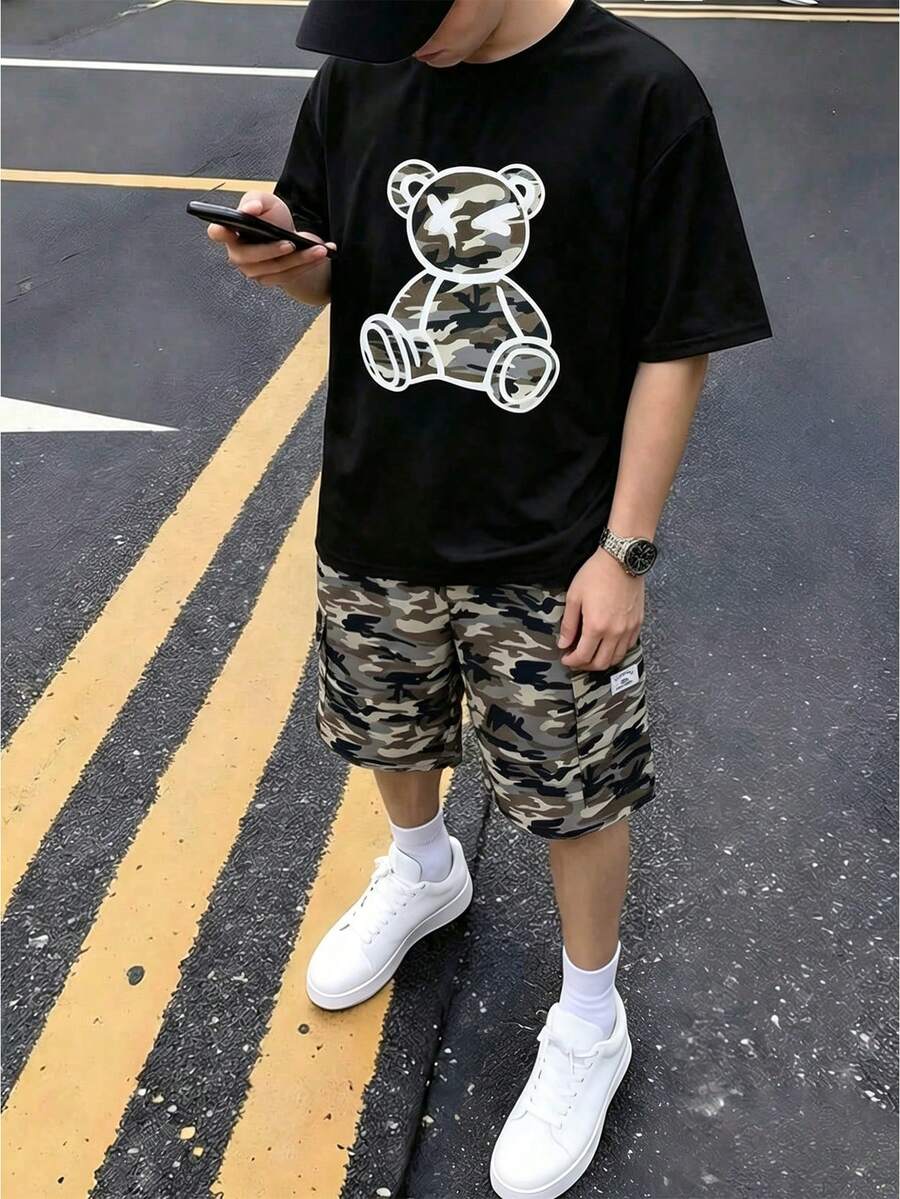 2pcs Teenage Boys' Casual Camouflage Print Round Neck Pocket Fashion Commuter Outfit, Summer - Green - View 1