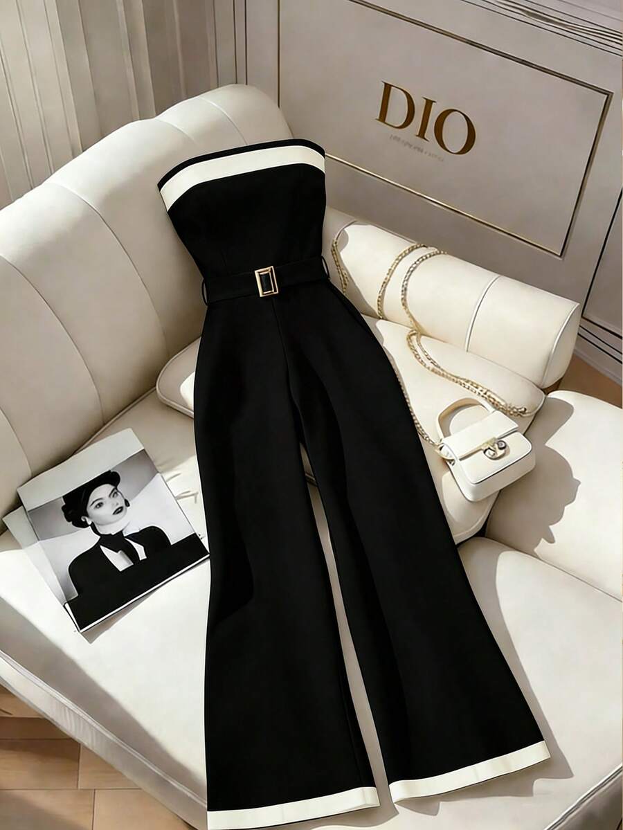 GlowEve Contrast Color Waist Belt Strapless Elegant Bodycon Jumpsuit - Black and White - View 1