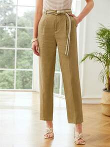 MOTF PREMIUM PURE LINEN BELTED DRESS PANTS - Khaki - View 2