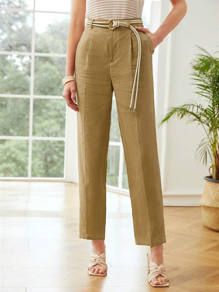 PURE LINEN BELTED DRESS PANTS
