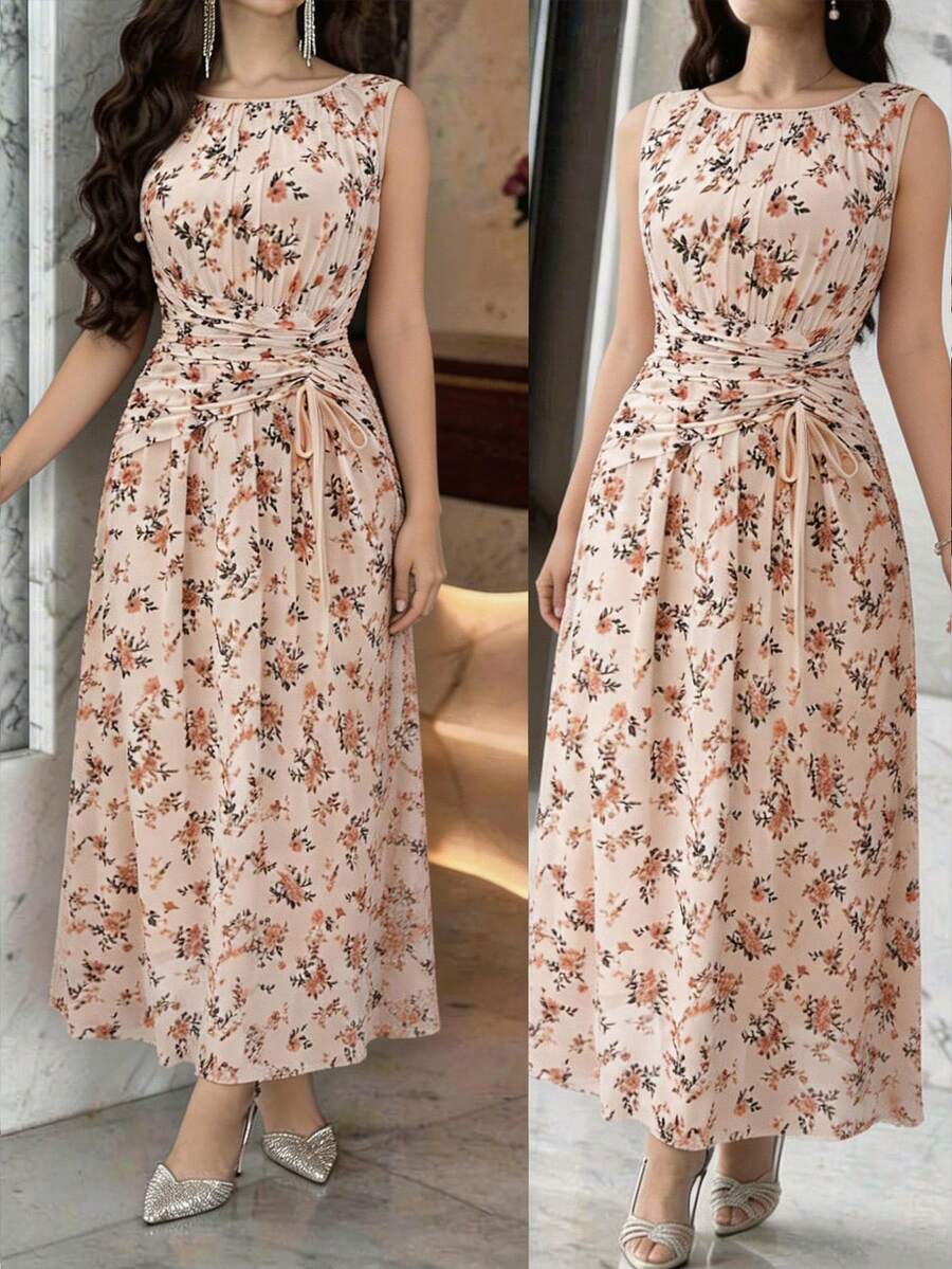 Feyla Women's Floral Print Ruched Waist Elegant Dress, Suitable For Dates And Parties