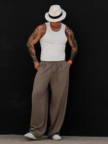 DAZY Long Brown Elastic Waist Loose Fit Men's Pants - Brown - View 7