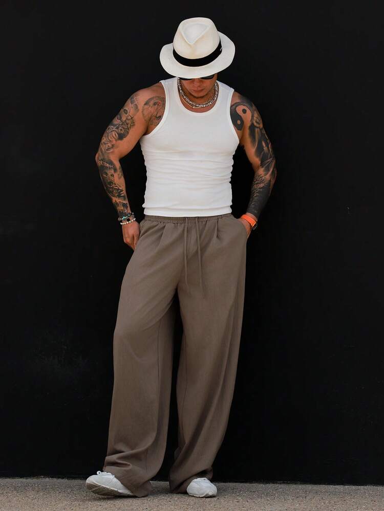 Long Brown Elastic Waist Loose Fit Men's Pants