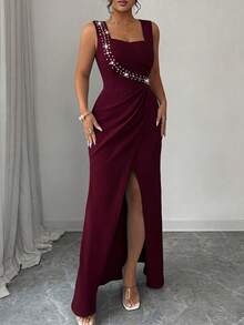 Elenzga Gaun Wanita Ukuran Besar Tanpa Lengan, Leher Persegi, Hiasan Mutiara, Pinggang Pas, Belahan Ruffle, Elegan, Romantis, Halus, Ringan untuk Pesta Koktail, Model Duyung - Burgundy - View 4