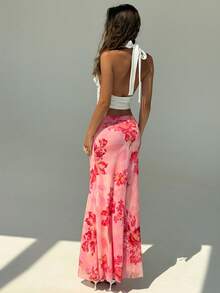 SHEIN Tall CURVE 大尺碼女款高個花卉夏季波希米亞風海灘度假 Y2K 高腰優雅長裙，適合派對、婚禮賓客、度假 - 粉色 - 查看 4