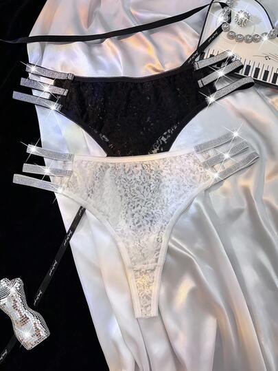 2件/套加大码蕾丝拼接撞色镂空性感丁字裤