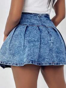 SHEIN ICON 女士高腰褶裥休闲牛仔裙 - 深色水洗藍 - 查看 2