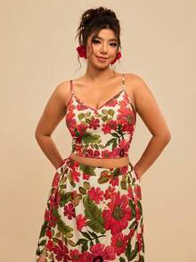 Travachic Plus Size Floral Print Tie-Front Backless Cami & Side Slit Skirt 2-Piece Set, Casual Holiday - Multicolor - View 5