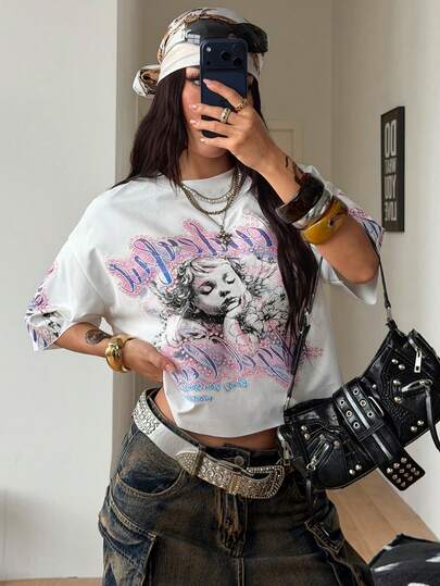 Coolane Áo thun nữ dáng rộng phong cách đường phố mùa hè, họa tiết hip-hop, thích hợp đi chơi.