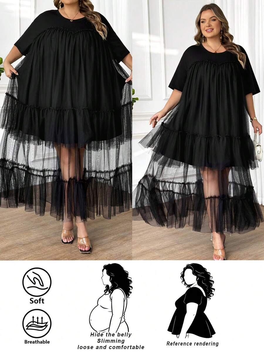 SHEIN CURVE+ Plus Size Women's Solid Color Chiffon Layered T-Shirt Maxi Dress, Holiday, Bohemian, Hippie, Summer