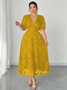 Elenzga Plus Size Women Summer V-Neck Short Petal Sleeve Textured Elegant A-Line Dress - Yellow - View 4