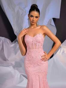 Glamrae 优雅奢华性感无肩带撞色蕾丝透视法式古典蕾丝透视胸罩罩杯鱼骨蕾丝网纱鱼尾拖尾婚纱 - 淺粉色 - 查看 6