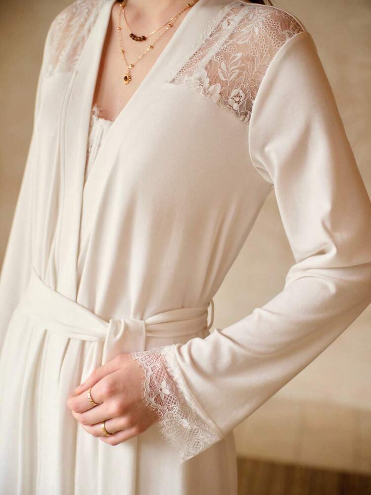 WHITE ELEGANT LACE INSERT BELTED LONG ROBE
