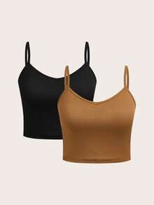 SHEIN EZwear 2件套休闲简约黑色和卡其色大码女式背心，带胸垫 - 彩色 - 查看 10