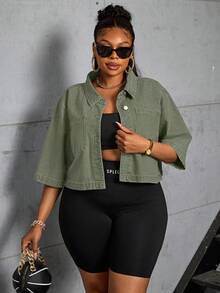 Slaydiva Plus Size Women Denim Jacket, Short, Non-Stretch, Sexy - Army Green - View 4