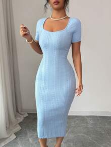 Summer Large U-Neck Short Sleeve Bodycon Maxi Sweater Dress, Sexy Cute Party Blue Dress,Holiday - Baby Blue - View 6