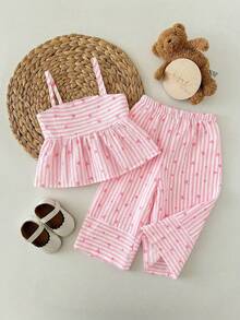 Babygirl Cute Vacation Casual Striped Bow Decor Camisole & Elastic Waist Pants Set - Baby Pink - View 3