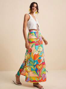 LOTSLUV Women's Pastal Heart Print Slit Tie-Side Hem Skirt, Suitable For Spring/Summer Vacation, Skirts Women, Long Summer, Zanzea Golf Girlisim - Multicolor - View 5