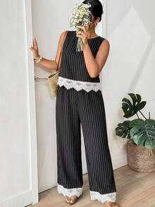 SHEIN Frenchy 大码度假休闲蕾丝拼接条纹吊带背心和裤子两件套 - 黑色 - 查看 5
