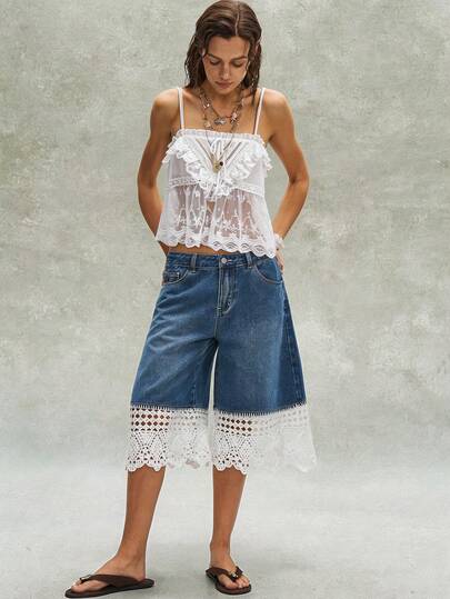 Bohemela 休闲梭织牛仔拼接蕾丝边宽松女裤