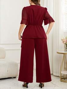 SHEIN Clasi Plus Size Women V-Neck Pleated Top And Wide Leg Pants Casual 2 Pieces Set - Burgundy - View 8
