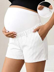 MaterniWear Quần short bầu dáng casual kẻ sọc, cạp chun điều chỉnh được, thích hợp cho kỳ nghỉ hè và đi làm hàng ngày. - trắng - Xem 1