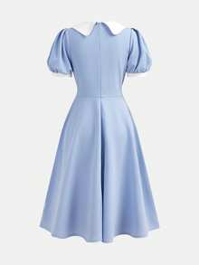 SHEIN Pitira Teen Girl & Teen Girls' Spring/Summer/Autumn Blue Knit Collared Button Contrast Color Waist Fit & Flare Dress, Elegant & - Blue and White - View 2