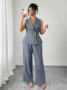 Elenzga Plus Size Women Commuting Minimalist Striped Vest And Pants 2 Pieces Set - Dusty Blue - View 6