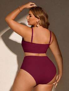 SHEIN Swim Curve 大码女式夏季沙滩纯色扭结设计时尚比基尼泳装套装 - 酒紅色 - 查看 2
