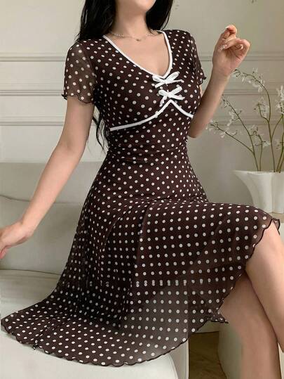 Feyla Đầm ngắn dự tiệc thanh lịch dành cho nữ, chấm bi, thắt eo, trang trí nơ.