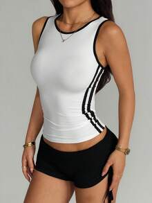 Dewbera Áo tank top thể thao nữ dáng ôm, cổ tròn, phối màu tương phản, thích hợp cho mùa hè. - trắng - Xem 1