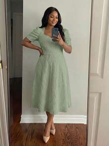 SHEIN Lady CURVE Vestido elegante con mangas de pétalos con textura para mujer de talla grande, adecuado para citas - verde menta - Ver 4