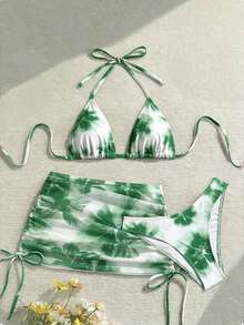 Soleia Bộ bikini cổ yếm in hoa dành cho nữ, thích hợp mặc đi biển trong kỳ nghỉ. - màu xanh lá - Xem 6