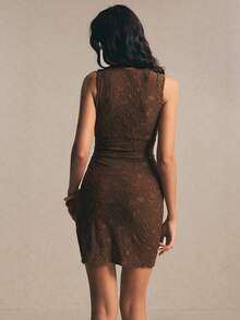 Poéselle 女士纹理不对称领口无袖时尚迷你连衣裙 - 咖啡棕 - 查看 3